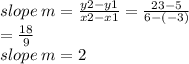 slope \: m =  \frac{y2 - y1}{x2 - x1}  =  \frac{23 - 5}{6 - ( - 3)}   \\ =  \frac{18}{9}  \\ slope \: m = 2