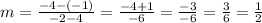 m=\frac{-4-(-1)}{-2-4} =\frac{-4+1}{-6} =\frac{-3}{-6} =\frac{3}{6} =\frac{1}{2}