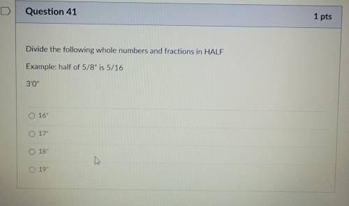 Question 41 1 pts Divide the following whole numbers and fractions in HALF Example: half of 5/8 is