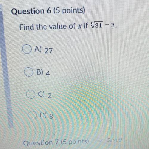 Please help MATH
Find the value of x if