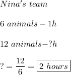 Nina's \ team \\\\ 6\  animals -1 h \\\\ 12 \  animals -?  h  \\\\ ?=\dfrac{12}{6} =\boxed{2 \ hours}