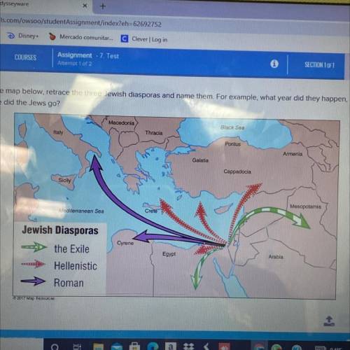 on the map below, retrace the three Jewish diasporas and name them. For example, what year did they