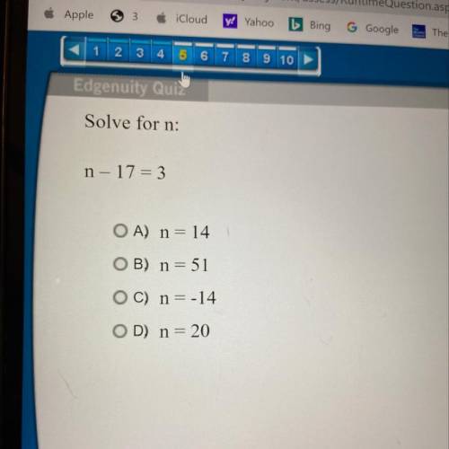 Solve for n
n - 17=3