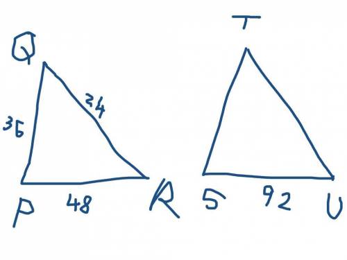 Triangles PQR and STU are similar. The length of PQ = 36 cm, RP = 48 cm and QR = 24

cm. THe length