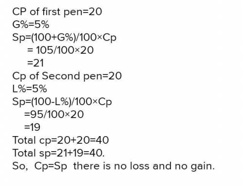 A man buys 2 pens at Rs 20 each. He sells one pen at a gain of 5%,and other at a loss of 5℅. Find hi