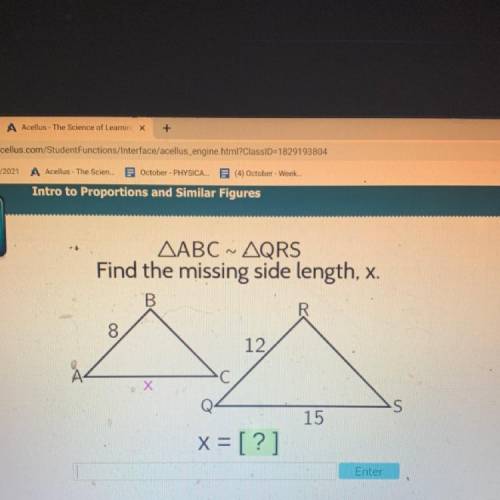 IS
ΔABC » ΔQRS
Find the missing side length, x.