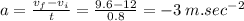 a =  \frac{v_{f} -v_{i}}{t}  =  \frac{9.6 - 12}{0.8}  =  - 3 \: m .{sec}^{ - 2}