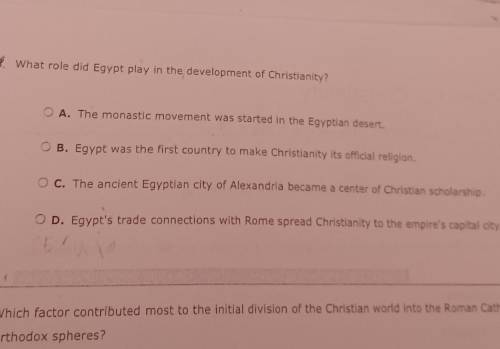 What role did Egypt play on the development of Christianity?

A. The monastic movement was started
