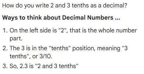 Write as a decimal: two and three-tenths =