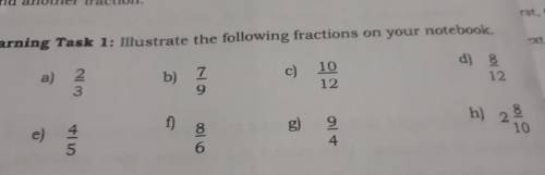 Task 1: Illustrate the following fractions on your notebook. 10 a) 2 12 3 9 st d) 8 12 c) 7 b) f) 4