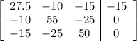 \left[\begin{array}{ccc|c}27.5&-10&-15&-15\\-10&55&-25&0\\-15&-25&50&0\end{array}\right]