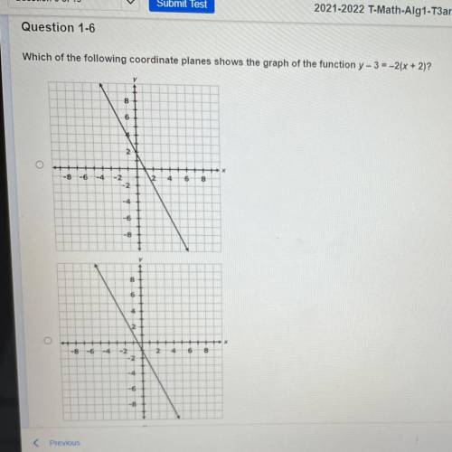 Question 1-6

Which of the following coordinate planes shows the graph of the function y - 3 = -2(