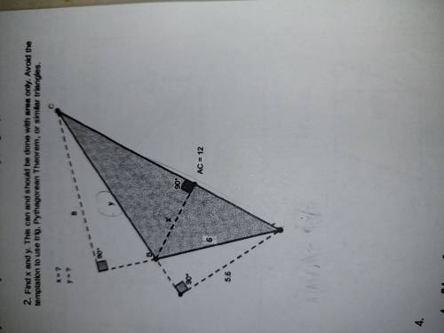 Please help me,

Find x and y without using pythagorean theorem or trig. Only use area. 
Thank you