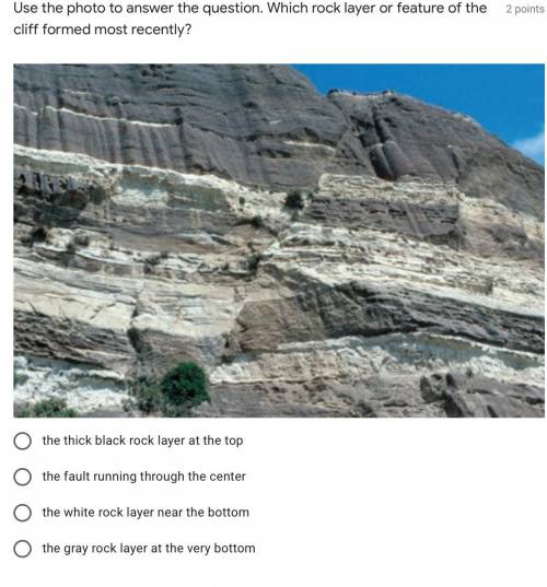 Use the photo to answer the question. Which rock layer or feature of the cliff formed most recently