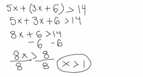 1

Solve for x: 5x + (3x + 6) > 14
3
12
Ox>
5
Ox>2
X> 2
Ox<
12
5
Ox<2