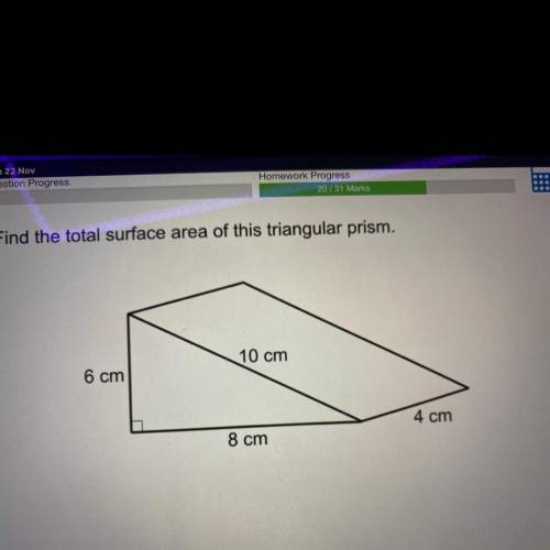 Find the total surface area of this triangular prism.

6 cm- hight
4 cm- width
8 cm- length