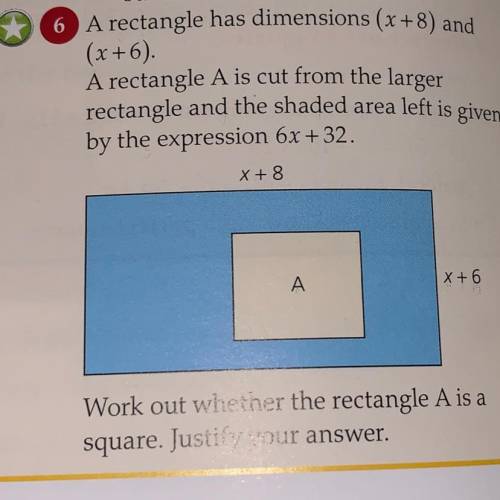 A rectangle has dimensions (x+8) and

(x+6).
A rectangle A is cut from the larger
rectangle and th