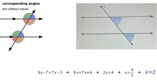 Please help ! Given m || n, find the value of x. (9x-7)°=(7x3)° … I don’t understand this I’ll love
