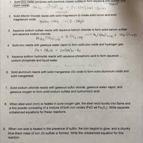 5-9 questions. write the balanced chemical equations from each reactions.