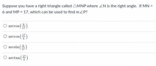 Suppose you have a right triangle called △MNP where ∠N is the right angle. If MN = 6 and MP = 17, w