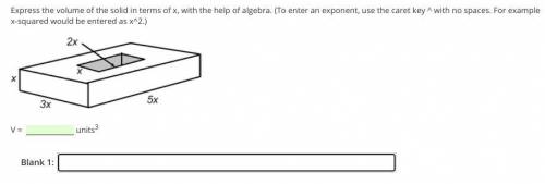 Express the volume of the solid in terms of x, with the help of algebra. (To enter an exponent, use