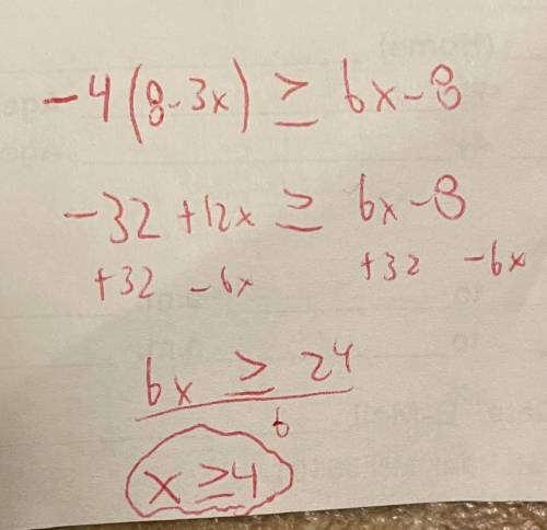 What is the solution to -4(8 - 3x) >_6x -8?

O x >_-4/3
O x<_-4/3
O x>_4
Ox<_4