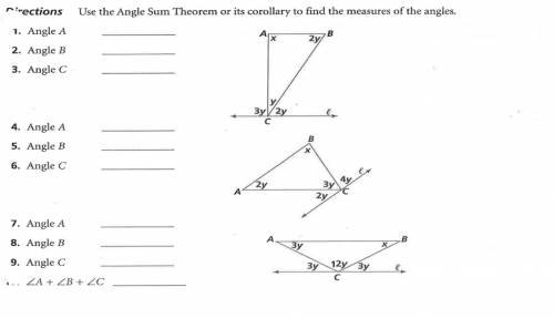 Use the Angle Sum Theorem or its corollary to find the measures of the angles.