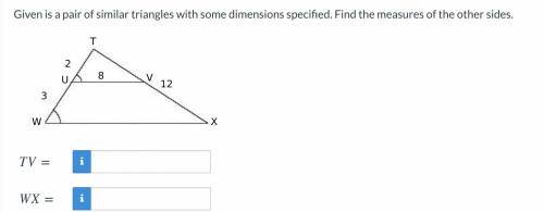 Given is a pair of similar triangles with some dimensions specified. Find the measures of the other