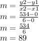 m=\frac{y2-y1}{x2-x1} \\m=\frac{534-0}{6-0} \\m=\frac{534}{6} \\m=89
