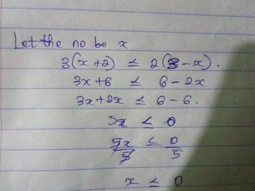 If thrice of the sum of a number and 2 is less than or equal to the twice of the difference of 3 and