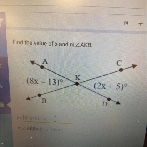 Find the value of x and angle AKB