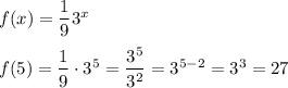 f(x) = \dfrac 19 3^x\\\\f(5) = \dfrac 19 \cdot 3^5 =  \dfrac{3^5}{3^2}  = 3^{5-2} = 3^3   =27