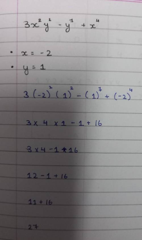 Solve this equation:3x^2y^2-y^7+x^4Whenx=-2y=1