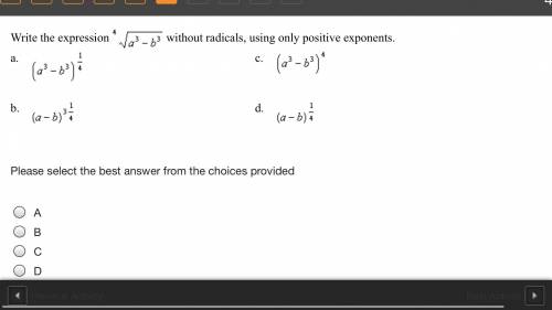 Write the expression ^4sqrta^3-b^3 without radicals, using only positive exponents