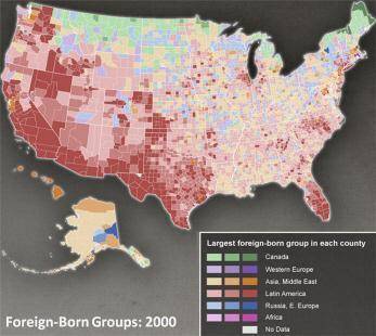 Map of the U S showing Foreign-Born Groups: 2000. The key legend groups are Canada, Western Europe,