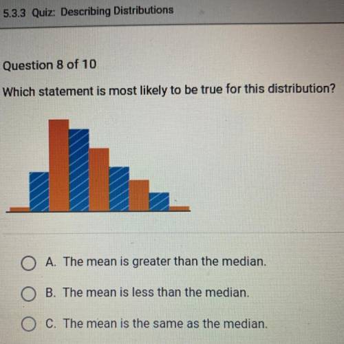 Which statement is most likely to be true for this distribution?

A. The mean is greater than the