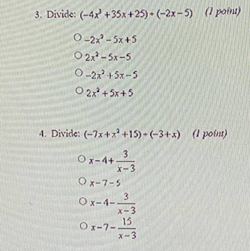 1. Divide: (x^2-10x+30) + (x-5)

o x-10-6
o x-5- 5/x-5
o x-10- 30/x-5
o x-5+ 5/x-5
2. Divide: (x^3