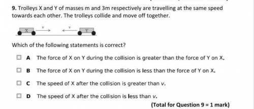 Trolleys X and Y of masses m and 3m respectively are travelling at the same speed towards each othe