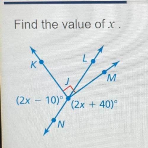 Find the value of x .
K
M
(2x – 10)
(2x + 400°
N