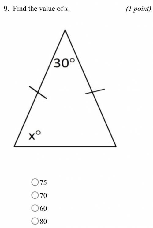 Find the value of x.
75
70
60
80