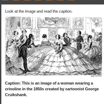 Look at the image and read the caption.

A man is speaking to a woman wearing a crinoline.
Caption