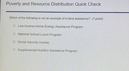 Pls help Which of the following is not an example of in-kind assistance? (1 point)

Low Income Hom