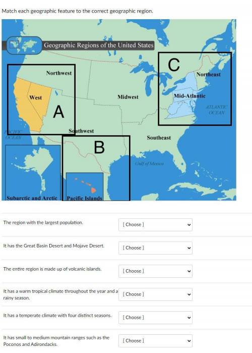 Match each geographic feature to the correct geographic region.

(the only choices for answering a
