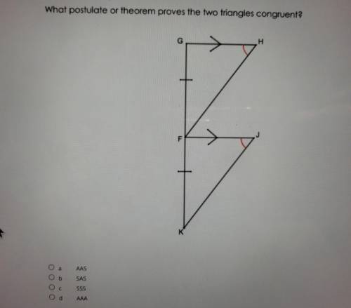 What postulate or theorem proves the two triangles congruent?

AASSASSSSAAAthanks!
