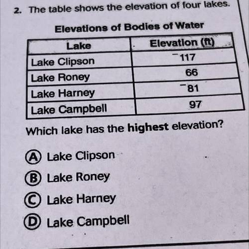 2. The table shows the elevation of four lakes.

Elevations of Bodies of Water
Lake
Lake Clipson
L