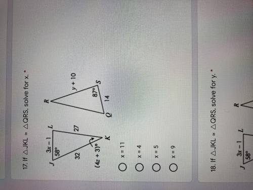 If triangle JKL is congruent to triangle QRS solve for X