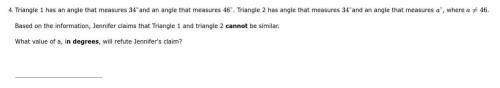 Triangle 1 has an angle that measures 34°and an angle that measures 46°. Triangle 2 has angle that