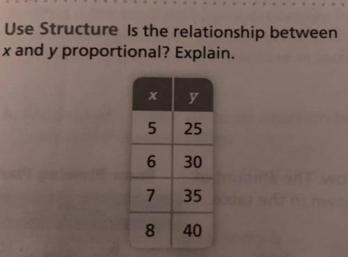 Is the relationship between x and y proportional? Explain.

x y 
5 25
6 30
7 35
8 40