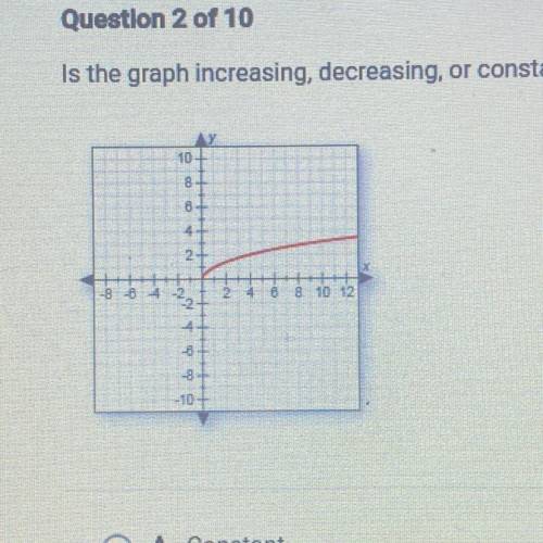 Is the graph increasing, decreasing, or constant?

A. Constant
B. Decreasing
C. Increasing