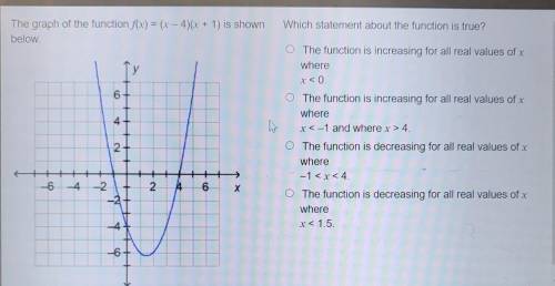 On Edge

The graph of the function f(x)=(x-4)(x+1) is shown below. Which statment about the functi